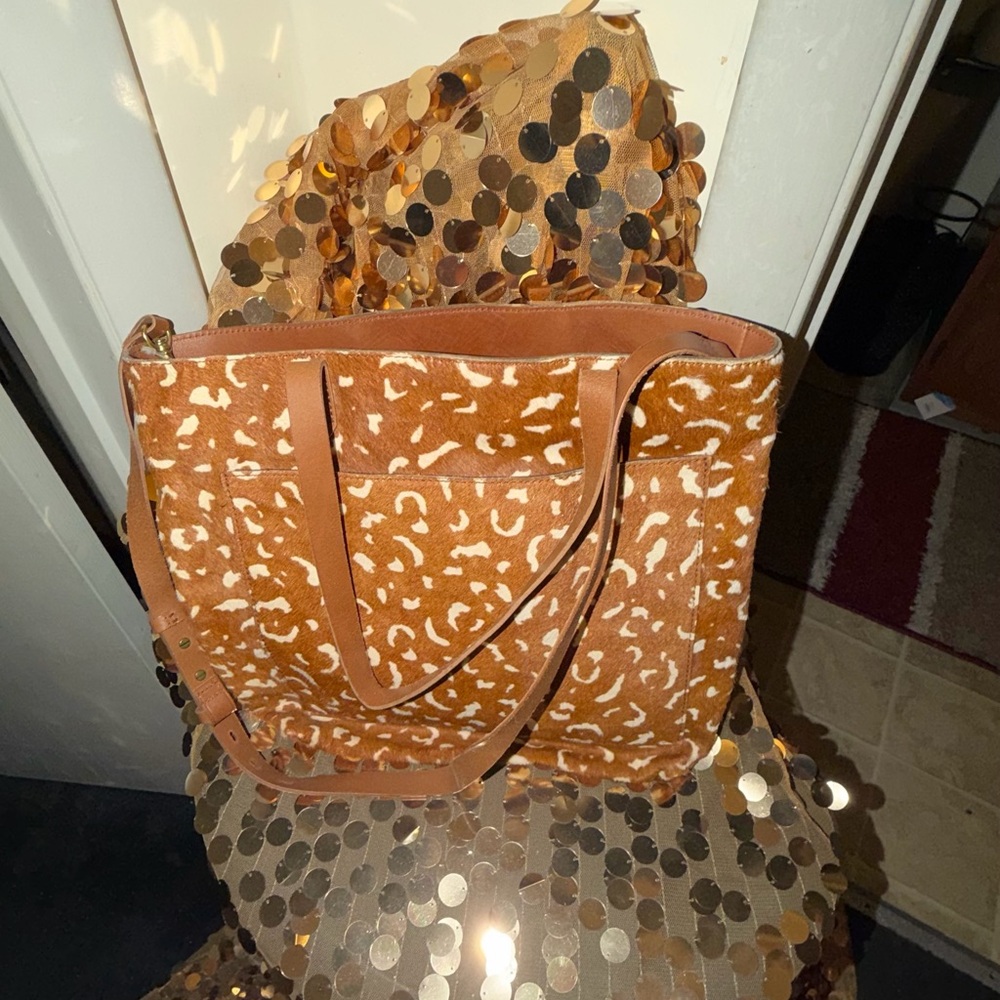 Madewell Brown Patterned Tote calf  hair pecan color